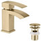 Friota Brushed Gold Bathroom Taps with Pop Up Slotted Basin Waste, Modern Deck Mounted 1 Hole Waterfall Basin Mixer Tap with G1/2” Hot & Cold Water Hoses, Gold Bathroom Sink Taps