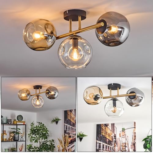 HOFSTEIN Deckenleuchte Ripoll, 3-flammige Deckenlampe aus Metall/Glas in Schwarz/Gold/Bernstein/Rauch/Klar, Leuchte im Retro/Vintage-Design (Schirme Ø 15 cm), E14, Esszimmer, Wohnzimmer, Schlafzimmer