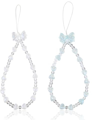 Reownest 2 Pack Phone Lanyard Charm Set - Cute Sparkling Crystal Bowknot Love Beaded Chain, Aesthetic Wrist Strap for Women Girls, Multi-Purpose Cellphone Bag Key Accessory - White,Blue