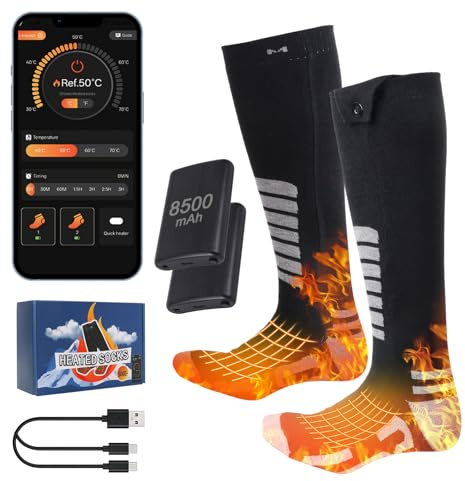 Qoosea Calcetines Térmicos para Hombres y Mujeres 8500mAh Recargables Eléctricos con Control por APP y Botón 4 Ajustes de Temperatura Lavables a Máquina para Esquí Camping Senderismo Pesca Invierno(S)