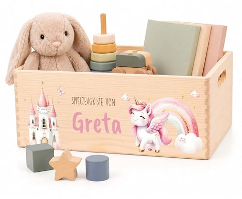 Kidsmood Holzkiste mit Wunschnamen – Stilvolle Spielzeugkiste für Baby- & Kinderzimmer | Ideale Aufbewahrungsbox für Kinder zur Spielzeug Aufbewahrung | Personalisierte Geschenke Baby - Einhorn