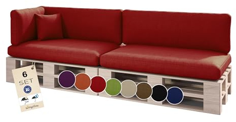 sunnypillow Palettenkissen Outdoor, wasserdicht, UV-lichtecht - 6er Set - Palettenauflage für Palettensofa für Haus, Garten - Palettenpolster für Palettenmöbel - Rückenkissen & Sitzkissen Rot