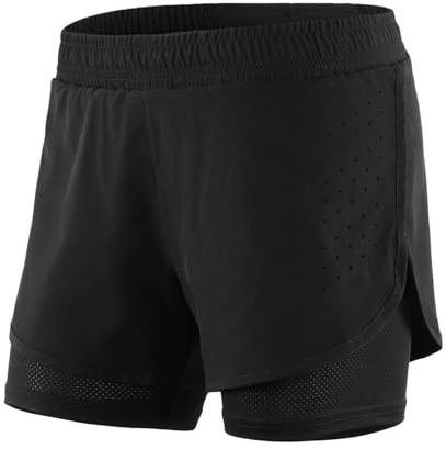 Mesing Pantaloncini Sportivi Running Donna 2 in 1 Estate Pantaloni Corti Palestra Corsa Lacci Traspirante Allenamento Sport Shorts DKB1005W-Black-L