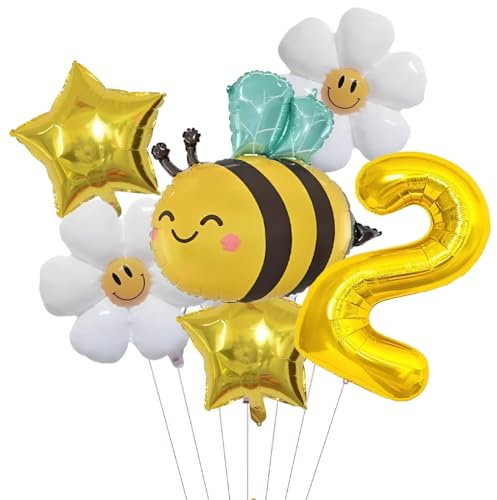 Geburtstagsdeko 2 Jahr Mädchen mit Biene Gänseblümchen Folienballon, Deko 2. Geburtstag Mädchen Junge, Gold Luftballon 2. Geburtstag Deko Set mit Zahl 2 Ballon, Geburtstage Mädchen Deko Geschenk Party