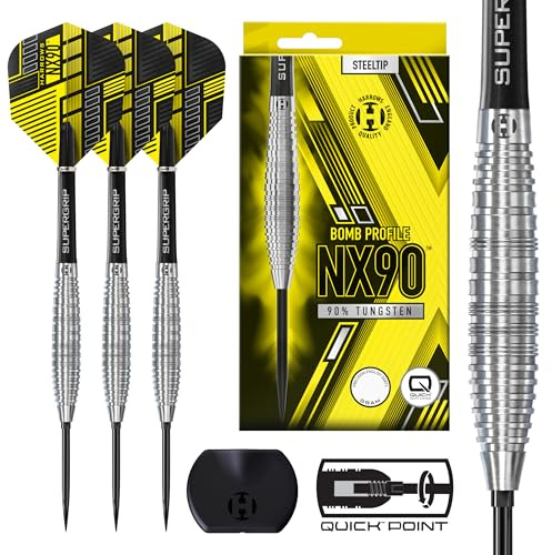 Harrows NX90 Bomb Shape Darts Set I Profi Darts 90% Tungsten Steel Tip Darts-Set mit Quick Point Change System I 10-teiliges Set mit schwarzen Supergrip Midi Schäften & NX90 Flights