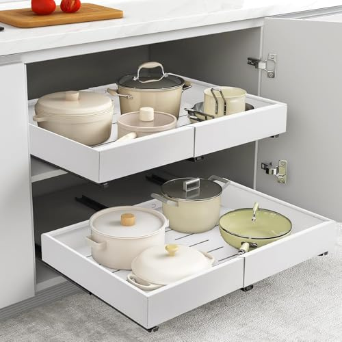 ARATERVIO 2er Set Teleskopschubladen - Verstellbare Ausziehschieber (32-53cm Breite) für Küchenschränke | Mit Klebebefestigung & 3 Schienensystem | 34kg Tragkraft (Weiß)