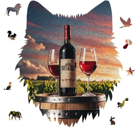 Wooden Wine Barrel on Wine Bottle Jigsaw Puzzle 175PCS Wolf Head Design Puzzle Wooden Jigsaw Puzzles for Adults Families