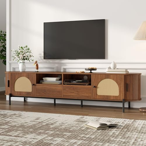 RAPRAP Ovular Tv-Schrank Holz 200cm Lang, Fernsehschrank mit 2 Schiebetüren + 2 Rattantüren + 2 Schubladen + Offene Fächer, Kabeldurchlass, Skandi-Chic Tv Lowboard,200cm a