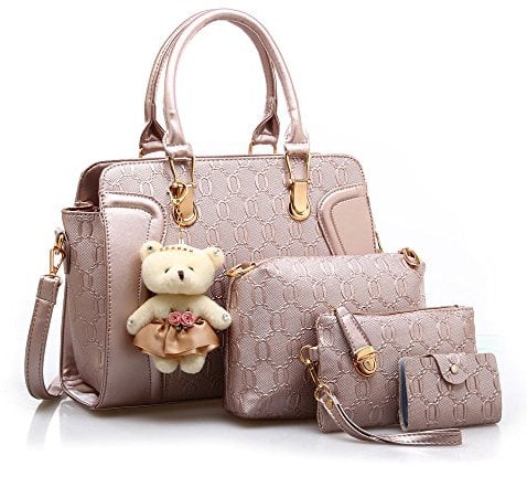 MORGLOVE Women PU Leather Handbag Top Handle bag Messenger Bag Shoulder Bag Tote Bag Card Purse in Gold (4 Pcs Set)