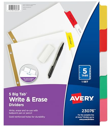 AVERY Big Tab Write & Erase Dividers, 5 Multicolor Tabs, 1 Set (23076), 1-Pack