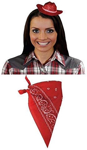 Ilovefancydress Mini-Cowgirl-Hut mit rotem Paisley-Bandana, perfekt für Westernpartys oder Junggesellinnenabschiede, Rot, 6 Sets