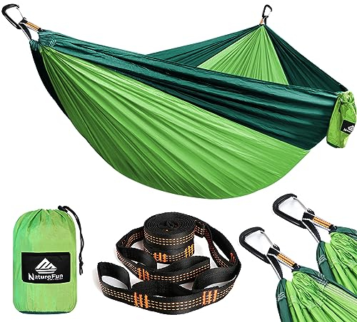 NATUREFUN Ultraleichte Reise Camping Hängematte | 300kg Tragkraft (300 x 200 cm) Atmungsaktiv, Schnelltrocknendes Fallschirm Nylon | 2 x Premium Karabiner, 2 x Nylon-Schlingen Inbegriffen | Draußen
