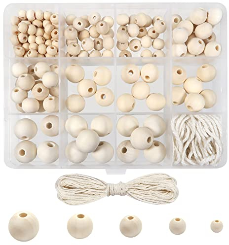 TOAOB 160 Pièces Perles en Bois Rondes Naturelle 6 mm 8 mm 10 mm 12 mm 14 mm Taille Mixtes Perles ave Fil de Coton pour Bracelet Bijoux Fabrication Accessoire Bricolage