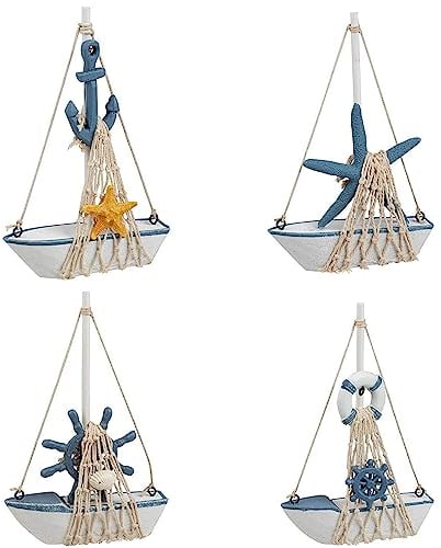 Set di 4 decorazioni nautiche a forma di barca a vela in miniatura, per decorare il bagno e la casa (11,2 x 17,3 cm)