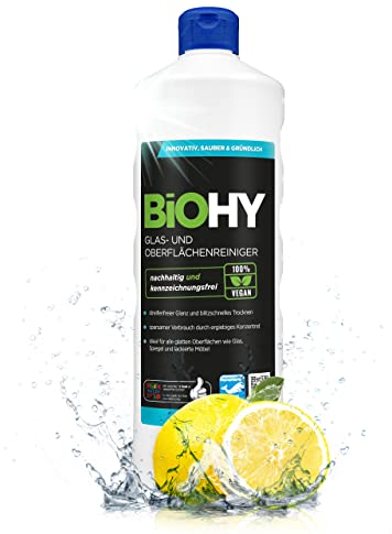 BiOHY Glas- und Oberflächenreiniger (1l Flasche) | Glasreiniger Konzentrat für streifenfreien Glanz | ergiebiger Glas & Kunststoffreiniger | Fettlöser & Kalkreiniger | ideal für Fenster & Küche
