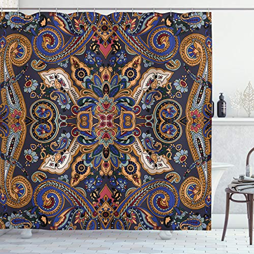 ABAKUHAUS Paisley Duschvorhang, Marokkanische Floret Antike, Stoffliches Gewebe Badezimmerdekorationsset mit Haken, 175 x 240 cm, Royal Blue Sand Braun