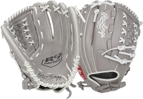 Rawlings R9sb125-18g-0/3 Guante de sóftbol, Niña, 12.5 Pulgadas-Gris/Blanco, 12.5 Inch-Double Basket Web