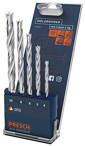 Presch Jeu de 5 Mèches à Bois HSS Cobalt - Forets Haute Qualité pour Tous Types de Bois - Hélicoïdaux Professionnels Longue Durée - Ø 4-10mm