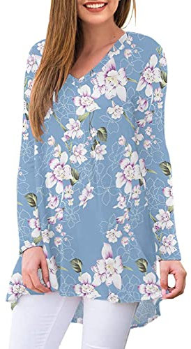iChunhua Womens Floral Print Long Sleeve Tops Longline Summer Loose Tshirt Large Light Blue