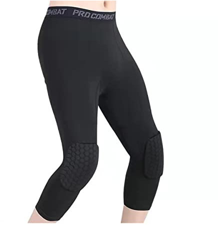 Topeter Basketball Pants with Knee Pads 3/4 Compression Leggings Capri Tights Black 2XL