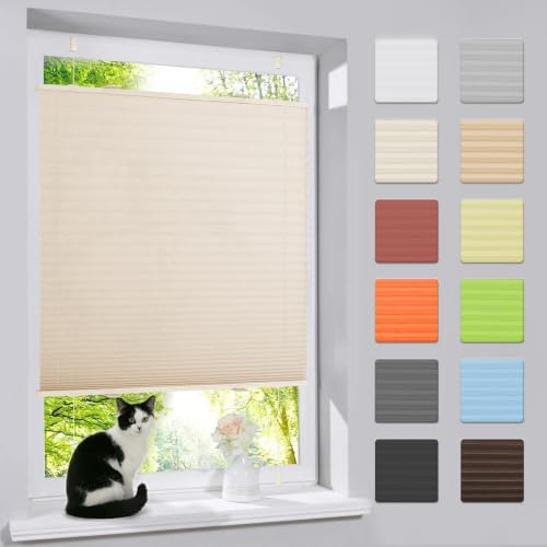 bobodeco Plissee ohne Bohren Klemmfix Faltrollo Jalousie Beige 65x90cm (BxH), Plisseerollo Sichtschutz und Sonnenschutz Blickdicht Easyfix lichtdurchlässig Rollo für Fenster & Tür