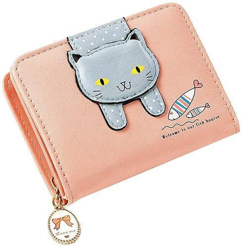 Bymivofun Süße Katzen Geldbörse, PU Leder Katzen Geldbörsen, kleine Münzkarte, Foto Geldbörse, für Geschenke, Mädchen, Frauen, Freunde, Jubiläum (Rosa)