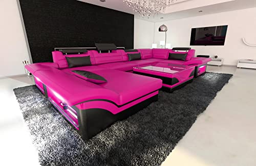 Wohnlandschaft Enzo U Form Sofa Leder- mit LED Beleuchtung, verstellbare Kopfstützen, Recamiere/Lederfarben wählbar/Ausrichtung Ottomane wählbar (Ottomane links, Pink-Schwarz)