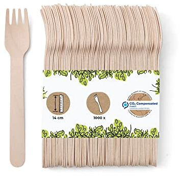 BIOZOYG 1000 tenedores descartables madera I cubiertos de madera cubiertos desechables vajilla biodegradable y compostable de madera I cubiertos desechables aptos para cubiertos 14cm