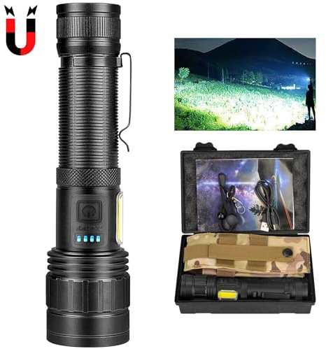 BERCOL Torcia ricaricabile ad alta luminosità, 990.000 lumen, luce magnetica super luminosa, 7 modalità con luce da lavoro, potente torcia a LED con fondina per campeggio, emergenze, casa