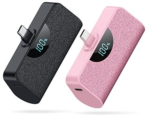 [2 Pack]Mini Portable Charger USB-C Power Bank 5200mAh,LCD Display PD Fast Charging Battery Pack Backup Charger for iPhone 17/17 Pro/17 Pro Max/16/16 Plus/16 Pro/15 Series,Samsung,Android-Black+Pink