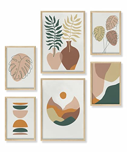 Heimlich® Premium Poster Set mit Bilderrahmen Holz Eiche | 2 x DIN A3 & 4 x DIN A4 - ca. 30x42 & 21x30 | Stilvolle Poster Collagen mit passenden Bilder als Wanddeko » Monstera Palmen Abstrakt «