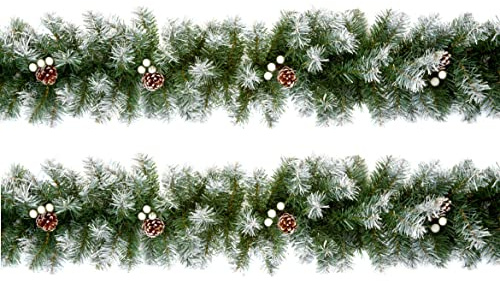 Set Of 2 snow tipped Christmas garland decoration white berries and pinecones - artificial green tree garland - stair fireplace garland - 270cm 2.7m x 20cm