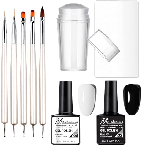 Gorvalin Kit French Manucure Semi Permanent, Blanc et Noir Vernis Pinceau Nail Art Ongles Vernis à Ongles Lisse Gel Polish Nail Art Stamper pour French Manucure Nail Art