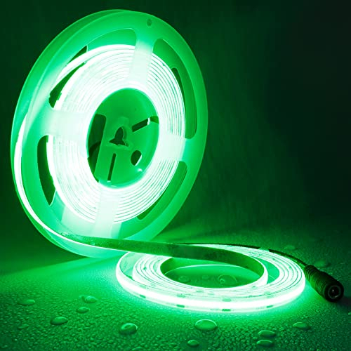 TOPAI 12V COB LED Strip Light Green 5M Outdoor Waterproof Super Bright Self Adhesive 480LED/M Total 2400LEDs Dotless High Density Cuttable Flexible for Cabinet Home DIY Lighting Projects