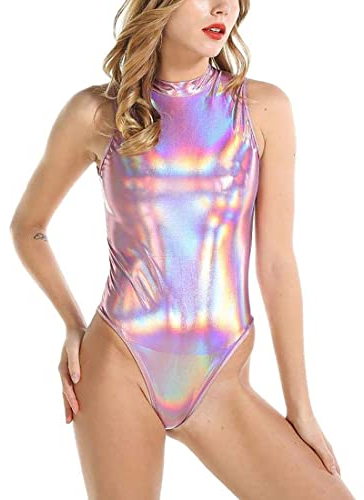 ROSVAJFY Body Donna in Vernice Lingerie Body Sexy in Pelle a Collo Alto Monokini Costume da Bagno da Donna Metallizzato Tuta Leotard Ginnastica Danza Balletto Wetlook Clubwear Rosa