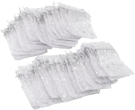 Tissting 50 Stück 4,5x3,3 Zoll Organzabeutel Schmuckbeutel Organzasäckchen Hübsche Stern Muster Organza Beutel Transparente Schmucksäckchen Hochzeit Party Weihnachten Geschenk Taschen(Silber)