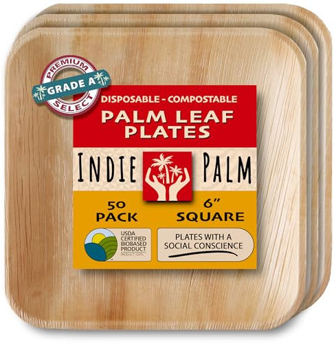Disposable Palm Leaf Plates - 6 Inch Square - 50 Pack - Eco-Friendly Party Plates - Compostable, Strong, Microwave Safe - Bamboo-Like