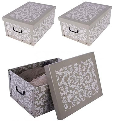 Kreher 3 Stück XL 45 Liter Deko-Kartons, Ordnungsboxen, Stapelboxen mit Deckel und Griffe, 51 x 37 x 24 cm (Barock Blume Provence)