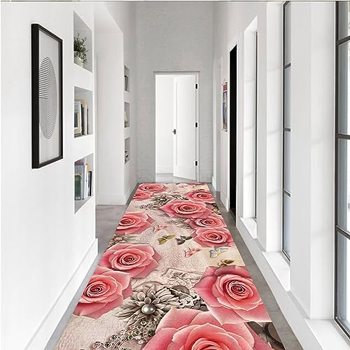 Teppich Läufer Flur Rutschfest Teppichläufer für Flur, Blumenmuster, extra lange Teppiche, 100 cm, 1,5 m, 2 m, 250 cm, 300 cm, 4 m, 5 m, 6 m, schmaler Läufer mit rutschfester Rückseite – Pink ( Size :