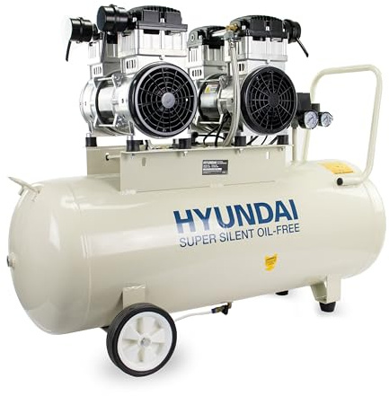 Hyundai 100L Oil Free Low Noise Electric Air Compressor, 3000W / 4hp 22CFM, 145 PSI, Direct Drive Twin Motor, Silent Workshop Compressor with Quick Release Couplers