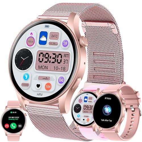 Smartwatch Damen mit Telefonfunktion, 1,43” AMOLED Fitnessuhr mit 100+ Sportmodi, Pulsmesser, Schlafmonitor, Schrittzähler, Fitness Tracker kompatibel mit Android/IOS, 3 Armband, Geschenk Damen (Rosa)