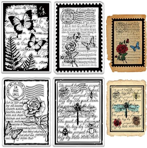 craspire Klare Stempel Mit Vintage-Hintergründen, Schmetterling, Rose, Buchstabe, Insekt, Libelle, Wiederverwendbar, Retro, Transparent, Silikon-Stempelsiegel Für DIY, Scrapbooking, Zubehör