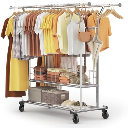 HOKEEPER Heavy Duty Double Rail Clothes Rack on Wheels, 283kg(625lbs) Capacity, with Mesh Storage Basket & Bottom Shelf, Extendable Length & Height for Bedroom, Boutique, Yard Sale