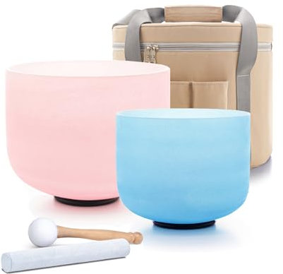 Hye-eun Color Crystal Singing Bowl Set of 2 PCS 8-10inch 432 Hz 8G Blue 10C Pink Sound Meditation Mutual Attraction Chakra Bowls with Carry Case for Yoga Sound Healing Energy Vibration
