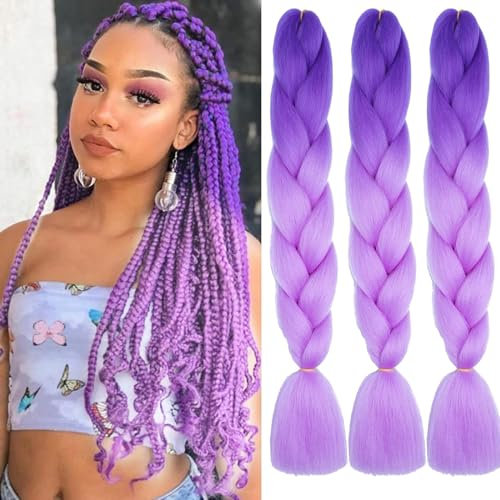 24 pollici per trecce africane estensioni di capelli intrecciati finte trecce africane sintetiche 3 fasci 300 g ombra Jumbo lichene capelli Kanekalon (da viola profondo a viola chiaro/B47)