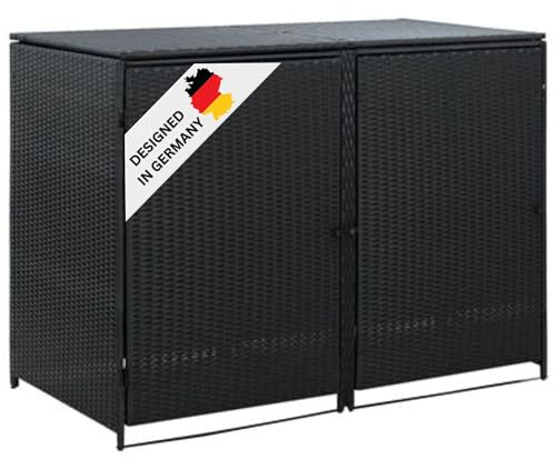 DEUKE 2er Mülltonnenbox TRIE aus Rattan | 111x148x80cm Schwarz | Mülltonnenverkleidung für 2 Tonnen Müllbox aus Rattan Mülltonnenschutz Mülltonnendach