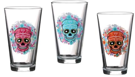 WESTCRAFT Lot de 3 verres à eau de 320 ml - Motif tête de mort mexicain - Verres à cocktail - Style graffiti - Parfaits pour la table, les restaurants, les bars, les cadeaux, WC-F-33330-3er-Set