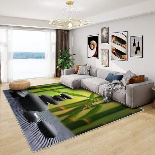 Teppich Zen Garden - Teppich Wohnzimmer Schlafzimmer Zen Garten, Großer Teppich Bambus Steinoptik, Weich Kurzflor & Waschbar & rutschfest Kinderteppich, Bettvorleger 120x170 cm