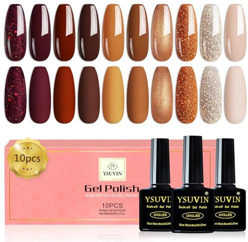 YSUVIN Esmalte de uñas Semipermanente, 10 Colores Otoño Invierno Pintauñas Semipermanentes, Marrón Desnudo Calabaza Naranja Dorado Rojo Oscuro Glitter Soak Off UV/LED DIY Nail Art Salon