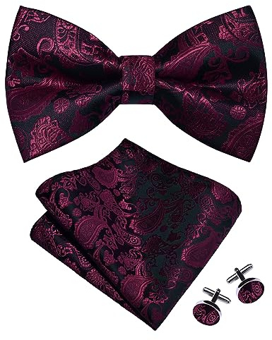 Gusleson Maroon Bow Tie Pocket Square Set for Wedding Pre-Tied Wine Red Paisley Bowties Handkerchief Cufflinks for Men (UK0497-18)